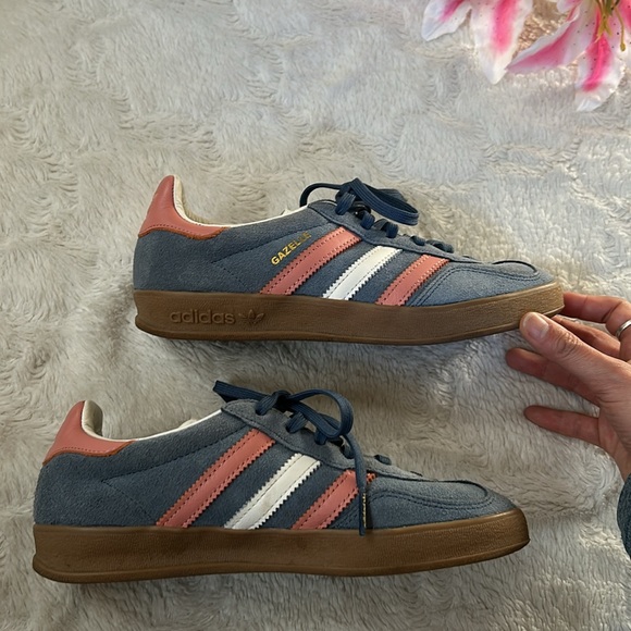 Adidas Gazelle Suede Blue w/Pink & White Stripes Sneakers - Picture 10 of 16